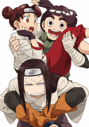  2boys black_hair brown_hair carrying commentary_request corn_potako double_bun female forehead_protector hair_bun hyuuga_neji long_hair multiple_boys naruto naruto_(series) naruto_shippuuden piggyback princess_carry rock_lee short_hair tenten_(naruto) 