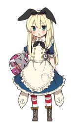  &gt;_&lt; alice_(alice_in_wonderland) alice_(alice_in_wonderland)_(cosplay) alice_in_wonderland anchor_symbol apron bad_id bad_twitter_id blonde_hair blush boots clock_hair_ornament closed_eyes cosplay cross-laced_footwear female full_body green_eyes hair_ribbon ikeuchi_tanuma kantai_collection long_hair necktie pantyhose rensouhou-chan ribbon shimakaze_(kancolle) simple_background standing striped_clothes striped_pantyhose triangle_mouth white_background 