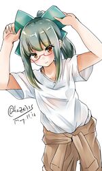  bespectacled blush bow brown_eyes brown_pants commentary_request dated dutch_angle female glasses green_bow green_hair hairbow highres kantai_collection kazu_(really_in_hot_water_now) pants ponytail red-framed_eyewear shirt short_hair short_sleeves sidelocks simple_background solo twitter_username white_background white_shirt yuubari_(kancolle) 