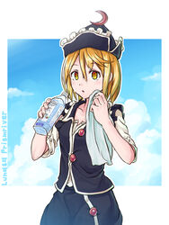  blonde_hair blue_sky bottle character_name cloud commentary_request crescent day female hat looking_at_viewer lunasa_prismriver mumyuu outdoors short_hair short_sleeves skirt skirt_set sky solo sweat touhou towel triangle_mouth unbuttoned water_bottle wiping_sweat yellow_eyes 