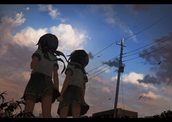  2girls black_hair black_sailor_collar building cloud cloudy_sky commentary_request dark from_behind from_below holding_hands inami_hatoko interlocked_fingers leaf letterboxed long_hair multiple_girls original outdoors plant pleated_skirt power_lines sailor_collar scenery school_uniform serafuku shirt short_hair short_sleeves skirt sky twintails utility_pole white_shirt wind 