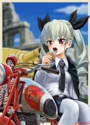  abazu-red anchovy_(girls_und_panzer) anzio_school_uniform belt benelli_500 black_necktie black_ribbon black_skirt blurry cape colosseum commentary_request day depth_of_field dress_shirt drill_hair eating female food girls_und_panzer green_hair hair_ribbon holding ice_cream ice_cream_cone italy long_hair long_sleeves looking_at_viewer military military_vehicle miniskirt motor_vehicle motorcycle necktie outdoors pantyhose pleated_skirt red_eyes ribbon rome_(city) school_uniform semovente_75/18 shirt sitting skirt solo tank twin_drills twintails twitter_username white_pantyhose white_shirt 