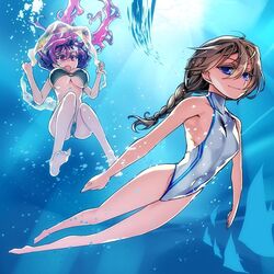  2girls air_bubble barefoot bikini black_bikini blonde_hair blue_eyes braid breasts bubble commentary_request competition_swimsuit freediving full_body holding_breath innertube ishida_akira large_breasts long_hair maou_(maoyuu) maoyuu_maou_yuusha multiple_girls official_art one-piece_swimsuit onna_kishi_(maoyuu) promotional_art purple_eyes red_hair single_braid sinking small_breasts surprised swim_ring swimming swimsuit toes underboob underwater 