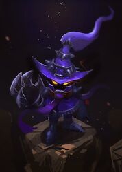  1boy ah-lyong_lee boots full_body gloves glowing glowing_eyes hat league_of_legends male_focus solo spikes veigar wizard_hat yellow_eyes yordle 