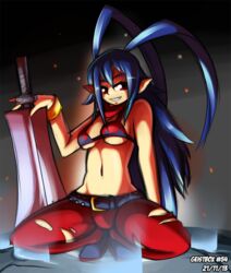  antenna_hair belt bikini bikini_top_only blue_hair breasts dated disgaea disgaea_d2 female flame_print geistbox genderswap_(mtf) laharl laharl-chan long_hair medium_breasts midriff navel pants pointy_ears red_eyes rule_63 scarf smile solo squatting swimsuit sword torn_clothes torn_pants underboob very_long_hair weapon 