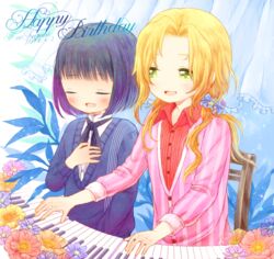  2boys altessimo_(idolmaster) bad_id bad_pixiv_id black_hair blonde_hair blush bob_cut dated green_eyes happy_birthday idolmaster idolmaster_side-m instrument inu_(griffone) kagura_rei long_hair male_focus multiple_boys open_mouth piano ponytail smile tsuzuki_kei 