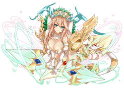  blonde_hair breasts cleavage commentary_request elbow_gloves female gloves green_eyes hair_ornament headdress khibiki large_breasts looking_at_viewer original photoshop_(medium) puzzle_&amp;_dragons sakuya_(p&amp;d) simple_background smile solo staff thighhighs white_background white_gloves white_thighhighs 