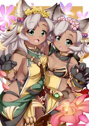  2girls :d :o animal_ears animal_hands armlet black_gloves breasts cat_ears cat_paws claws commentary_request dark-skinned_female dark_skin erune eyes_visible_through_hair flower gloves granblue_fantasy green_eyes grey_hair hair_flower hair_ornament highres long_hair looking_at_viewer medium_breasts melleau multiple_girls nemone oerba_yun_fang open_mouth petals psychopath_idiot short_hair siblings sideboob sisters smile 