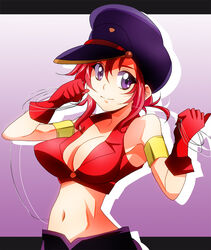  bakuretsu_hunters black_hat breasts chocolate_misu cleavage commentary_request cowboy_shot female gloves hat large_breasts looking_at_viewer masako_(sabotage-mode) midriff mizutani_yuuko navel photoshop_(medium) purple_background purple_eyes red_gloves red_hair red_shirt shirt short_hair sleeveless sleeveless_shirt smile solo 