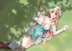  bad_id bad_twitter_id bare_shoulders blonde_hair blue_eyes blush boots bracelet breasts cleavage commentary_request dress eencya female flower four_goddesses_online:_cyber_dimension_neptune from_above grass green_dress hair_flower hair_ornament jewelry large_breasts long_hair looking_at_viewer lying neptune_(series) on_back puffy_short_sleeves puffy_sleeves short_sleeves smile solo vert_(neptunia) very_long_hair 