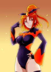  alternate_costume bad_end_precure bad_end_sunny bakusai black_gloves black_thighhighs bodysuit boots breasts cleavage commentary_request dark_persona diamond_(shape) earrings female fingerless_gloves gloves gradient_background hair_bun hair_ornament half_updo happy jewelry large_breasts leotard looking_at_viewer magical_girl orange_background orange_eyes orange_hair precure short_hair single_hair_bun smile smile_precure solo standing thigh_boots thighhighs wings 