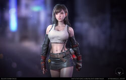  3d belt black_hair blair_armitage breasts brown_eyes chocobo cleavage cuts dirty elbow_gloves final_fantasy final_fantasy_vii fingerless_gloves gloves highres injury looking_at_viewer midriff navel realistic redesign skirt solo suspenders tank_top tifa_lockhart 