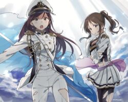  2girls brown_eyes brown_hair commentary_request hat idolmaster idolmaster_cinderella_girls idolmaster_cinderella_girls_starlight_stage long_hair military military_hat military_uniform momose_(oqo) multiple_girls naval_uniform nitta_minami ponytail seizon_honnou_valkyria_(idolmaster) skirt takamori_aiko torn_clothes uniform 