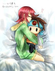  bed_sheet capcom character_doll closed_eyes doll_hug elfee green_shorts heart hikari_netto hood_down hoodie lying lying_on_side profil purple_hair rockman rockman_exe sakurai_meiru short_hair shorts sidelocks text 