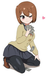  black_pantyhose black_skirt brown_footwear brown_hair cardigan closed_mouth commentary_request female full_body heart highres holding holding_money kneeling loafers long_sleeves looking_at_viewer money one_eye_closed pantyhose pleated_skirt red_eyes red_ribbon ribbon school_uniform shadow shoes skirt smile solo takamiya_nasuno teekyuu white_background yuuki_(youyu125) 