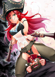  1boy :q beard breasts chibi cleavage commentary_request crotchless crotchless_pants dual_wielding facial_hair female gangplank_(league_of_legends) green_eyes gun hat holding kod0415 large_breasts league_of_legends miss_fortune_(league_of_legends) panties pants photoshop_(medium) pirate pirate_hat red_hair sitting sitting_on_person tongue tongue_out tricorne underwear weapon 