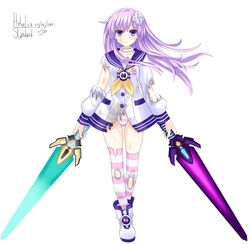  blush clavicle collar d-pad dress dual_swords female grass hair_ornament helvetica_5tandard highres holding_weapon long_hair looking_at_viewer nepgear neptune_(series) pink_hair purple_eyes purple_hair shoes standing sword thighhighs torn_clothes weapon 