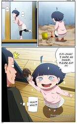  1boy ahoge black_hair blue_eyes blue_hair dannex009 english_text facial_mark female grandfather_and_granddaughter hyuuga_hiashi naruto:_the_last naruto_(series) open_mouth pink_theme short_hair skirt smile uzumaki_himawari 