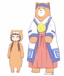  amayadori_machi animal_costume bangs bear bear_costume black_hair cosplay costume_switch hakama headband japanese_clothes kumamiko low_twintails miko nagian natsu_(kumamiko) twintails 