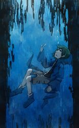  1other air_bubble androgynous blue_coat bubble coat commentary_request green_eyes green_hair hood hooded_jacket hoodie jacket len&#039;en necktie other_focus shitodo_aoji short_hair shorts sinking solo tears torn_clothes underwater water yamanoskk 