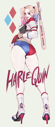  ass baseball_bat batman_(series) blonde_hair blue_eyes blue_hair boots character_name commentary_request dc_comics female full_body harley_quinn high_heel_boots high_heels photoshop_(medium) pink_hair short_shorts shorts smile solo suicide_squad tabe_koji thick_thighs thighs twintails 