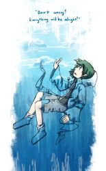  1other air_bubble androgynous blue_coat bubble coat commentary_request english_text green_eyes green_hair hood hooded_jacket hoodie jacket len&#039;en necktie other_focus shitodo_aoji short_hair shorts sinking solo torn_clothes underwater water yamanoskk 