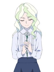  blonde_hair blouse carnation closed_eyes commentary diana_cavendish female flower holding holding_flower little_witch_academia mother&#039;s_day multicolored_hair satochi shirt smile solo studio_trigger_(style) two-tone_hair white_background white_carnation white_flower 