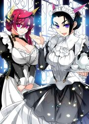  +_+ 2girls alternate_costume alternate_hairstyle apron black_hair blue_eyes breasts choker commentary_request cup demon_horns dragon_horns enmaided frilled_apron frills highres horns huge_breasts ishida_akira karyuu_koujo large_breasts long_hair maid maou_(maoyuu) maoyuu_maou_yuusha multiple_girls official_art promotional_art purple_eyes red_hair revealing_clothes see-through side_ponytail skirt smile suspenders teapot thighhighs tray white_legwear 