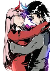  1boy black_hair blossomppg blue_horns breasts closed_eyes commentary couple crying crying_with_eyes_open darling_in_the_franxx english_commentary female hair_ornament hairband highres hiro_(darling_in_the_franxx) horns hug long_hair long_sleeves looking_at_another medium_breasts military military_uniform necktie oni_horns pink_hair red_eyes red_horns red_pupils signature spoilers straight tears uniform white_hairband zero_two_(darling_in_the_franxx) 