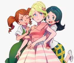  3girls ;p alternate_costume alternate_hairstyle arm_hug bad_id bad_twitter_id barbara_parker blue_eyes blue_hair blush bow breasts brown_eyes candy commentary cosplay cosplay_request crossover diana_cavendish dress fashion food hairband hairbow hairspray hanna_england hug hug_from_behind licking light_green_hair little_witch_academia lollipop looking_at_viewer medium_breasts miyazaki_shiori multiple_girls one_eye_closed pink_bow red_hair short_sleeves simple_background smile tongue tongue_out twintails vintage_clothes white_background 