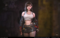  3d belt black_hair blair_armitage breasts brown_eyes cleavage dirty elbow_gloves final_fantasy final_fantasy_vii fingerless_gloves gloves highres looking_at_viewer midriff navel realistic redesign skirt solo suspenders tank_top tifa_lockhart 