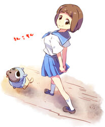  blue_skirt brown_eyes brown_hair canine commentary_request female guts_(kill_la_kill) hood hoodie kill_la_kill mankanshoku_mako school_uniform short_hair skirt smile su_(pixiv44447) 