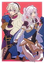  armor blue_cape cape commentary_request corrin_(female)_(fire_emblem) corrin_(female)_(fire_emblem)_(cosplay) corrin_(fire_emblem) cosplay costume_switch fire_emblem fire_emblem_awakening fire_emblem_fates fire_emblem_heroes gloves grey_hair hair_between_eyes hair_ornament hairband highres kiriya_(552260) long_hair looking_at_viewer pointy_ears red_eyes robe robin_(female)_(fire_emblem) robin_(female)_(fire_emblem)_(cosplay) robin_(fire_emblem) simple_background smile twintails white_hair 