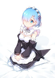  absurdres apron bed_sheet blue_eyes blue_hair breasts chilunchilun cleavage commentary detached_collar detached_sleeves dress female frilled_dress frills hair_ornament hair_over_one_eye hands_on_own_knees highres looking_at_viewer maid maid_headdress medium_breasts on_bed re:zero_kara_hajimeru_isekai_seikatsu rem_(re:zero) ribbon-trimmed_sleeves ribbon_trim roswaal_mansion_maid_uniform seiza shadow short_hair sitting smile solo thighhighs underbust waist_apron white_thighhighs x_hair_ornament 