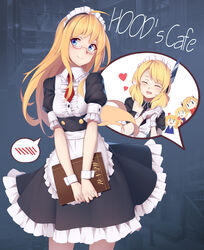  5girls absurdres ahoge alternate_costume apron arnold-s bad_id bad_pixiv_id black_dress blonde_hair blue_eyes blush buttons closed_eyes dress enmaided frilled_dress frills glasses gloves glowworm_(warship_girls_r) headgear heart highres holding holding_menu hood_(warship_girls_r) long_hair maid maid_apron maid_headdress menu multiple_girls photoshop_(medium) prince_of_wales_(warship_girls_r) renown_(warship_girls_r) rodney_(warship_girls_r) short_hair short_sleeves sidelocks smile warship_girls_r white_gloves wrist_cuffs 