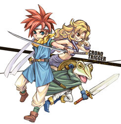  2boys ayla_(chrono_trigger) bandeau blonde_hair blue_eyes breasts chrono_trigger cleavage commentary_request crono_(chrono_trigger) curly_hair female frog_(chrono_trigger) fur_trim left-handed long_hair medium_breasts multiple_boys photoshop_(medium) short_hair white_background yuru4u 