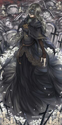  blindfold blonde_hair bone breasts candle capelet cloak commentary copyright_name dark_souls_(series) dark_souls_iii dkaki dress english_commentary female fire_keeper flower headband highres jewelry lips long_hair mask medium_breasts necklace solo sword tombstone weapon 