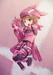  absurdres animal_ears animal_hat bandana blurry blush brown_eyes brown_hair bullpup commentary female full_body gloves gun hat highres holding holding_gun holding_weapon jacket jumping llenn_(sao) lolicon long_sleeves looking_at_viewer nraib open_mouth p-chan_(p90) p90 pants photoshop_(medium) pink_bandana pink_gloves pink_hat pink_jacket pink_pants rabbit_ears rabbit_hat round_teeth short_hair solo submachine_gun sword_art_online sword_art_online_alternative:_gun_gale_online teeth v-shaped_eyebrows weapon 