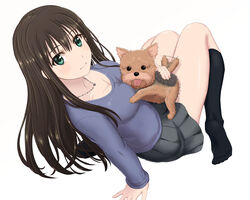  animal bad_id bad_pixiv_id black_skirt black_socks breasts brown_hair canine cleavage closed_mouth commentary_request female from_above full_body green_eyes hanako_(idolmaster) highres idolmaster idolmaster_cinderella_girls inanaki_shiki jewelry kneehighs knees_together_feet_apart long_hair long_sleeves looking_at_viewer medium_breasts necklace no_shoes pencil plantar_flexion pleated_skirt shibuya_rin simple_background sitting skirt smile socks solo tail tail_wagging tongue tongue_out white_background 