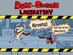  4:3 ambiguous_gender blue_body blue_fur canid canine canis cartoon_network crossover dc_comics dex-starr dexter&#039;s_laboratory dialogue domestic_cat domestic_dog duo english_text felid feline felis fur gingerfoxy krypto krypto_the_superdog mammal text 