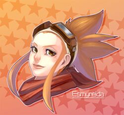  brown_eyes brown_hair character_name commentary_request cryamore esmyrelda_maximus female forehead goggles goggles_on_head ko-ki lips nose portrait scarf sidelocks solo 