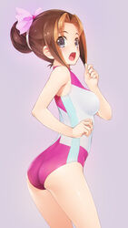  ass black_eyes breasts brown_hair commentary_request female highres medium_breasts one-piece_swimsuit photoshop_(medium) sachi_(yu-gi-oh!) short_hair solo swimsuit wacchi yu-gi-oh! yu-gi-oh!_zexal 