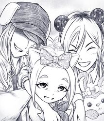  3girls ^_^ akimotsu_(akim_x) animal_ears anna_(watamote) bags_under_eyes baseball_cap bow cat_ears closed_eyes commentary fake_animal_ears greyscale grin hat monochrome mouse_ears multiple_girls polka_dot polka_dot_bow rena_(watamote) ribbon smile star_(symbol) star_print thick_eyebrows watashi_ga_motenai_no_wa_dou_kangaetemo_omaera_ga_warui! yoshida_masaki 