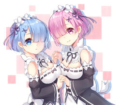  2girls absurdres bad_id bad_pixiv_id blue_eyes blue_hair chuor_(chuochuoi) detached_sleeves eyebrows hair_ornament hair_over_one_eye hair_ribbon highres holding_hands interlocked_fingers looking_at_viewer maid maid_headdress multiple_girls open_mouth photoshop_(medium) pink_eyes pink_hair ram_(re:zero) re:zero_kara_hajimeru_isekai_seikatsu rem_(re:zero) ribbon roswaal_mansion_maid_uniform short_hair siblings sisters smile twins upper_body white_background x_hair_ornament 