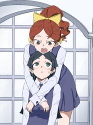  2girls :&lt; :d barbara_parker black_eyes blue_eyes blue_hair blush bow commentary_request grabbing grabbing_another&#039;s_breast hairbow hanna_england highres hug hug_from_behind indoors little_witch_academia long_hair long_sleeves looking_at_another luna_nova_school_uniform multiple_girls open_mouth orinpachu parted_bangs ponytail red_hair school_uniform skirt smile sweatdrop window yellow_bow yuri 