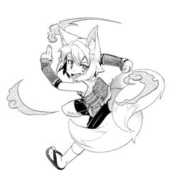  animal_ears female fox_ears fox_tail geta greyscale japanese_clothes jingai_modoki kimono kitsu_(mon-musu_quest!) mon-musu_quest! monochrome open_mouth photoshop_(medium) short_hair sleeveless sleeveless_kimono smile smoke solo tail vambraces 