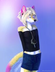  2016 anthro atsuko_(amethyst-heart) bare_shoulders biped black_nose bloodsoakedsnow blue_eyes blush breasts canid canine chains clothed clothing dipstick_tail ear_piercing eyebrows female freckles fully_clothed fur gradient_background hair half-closed_eyes inner_ear_fluff jewelry looking_away mammal markings multicolored_tail narrowed_eyes navel necklace piercing pink_tail portrait short short_hair simple_background small_breasts smile solo standing tail tail_markings three-quarter_portrait tuft white_body white_fur white_hair white_tail yellow_body yellow_fur yellow_tail 