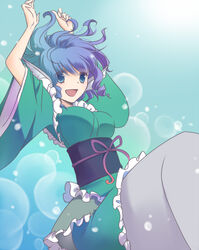  air_bubble arms_up bad_id bad_pixiv_id blue_background blue_eyes blue_hair breasts bubble commentary_request female fins hayabusa_koi head_fins japanese_clothes kimono looking_at_viewer medium_breasts mermaid monster_girl obi open_mouth sash solo touhou underwater wakasagihime 