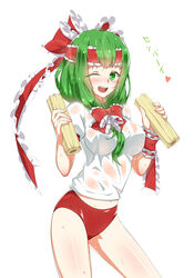  alternate_costume bad_id bad_pixiv_id blush bobomaster bow breasts buruma chikuwabu_(food) commentary_request female food frills front_ponytail green_eyes green_hair gym_uniform hairbow headband heart highres kagiyama_hina long_hair medium_breasts one_eye_closed open_mouth photoshop_(medium) red_buruma simple_background solo touhou touhou_m-1_grand_prix wet wet_clothes white_background 