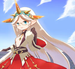  aqua_eyes black_gloves center_opening commentary_request day dress female glasses gloves granblue_fantasy harvin long_hair necktie neri_gozu pointy_ears sky solo very_long_hair white_hair wide_sleeves zahlhamelina 